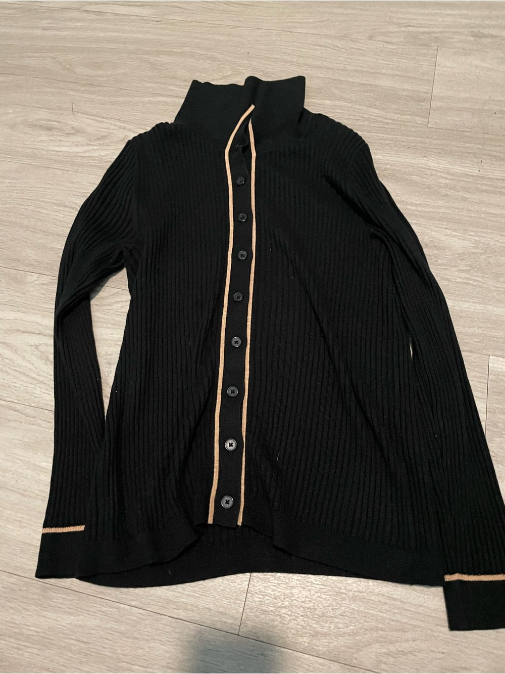 Banana Republic Black Ribbed Button-Front Cardigan with Tan Trim